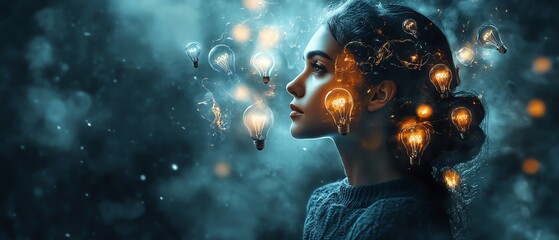 A futuristic, abstract depiction of a female figure with glowing light bulbs and floating question marks, symbolizing the evolution of creative problem solving and idea generation