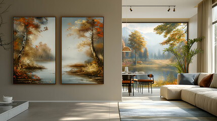 Autumn Landscape Paintings Peaceful Lake Scenery, Nature Art Prints for Home Decor.