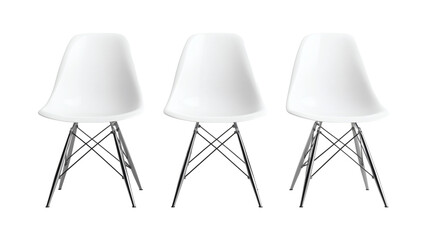 Collection of white plastic chairs with metal legs on transparent background
