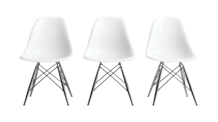 Collection of white plastic chairs with metal legs on transparent background