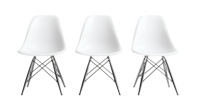 Collection of white plastic chairs with metal legs on transparent background