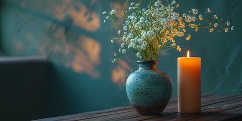 A teal ceramic vase with delicate white flowers next to a lit beige candle, creating a serene ambiance on a wooden table against a blurred green backdrop