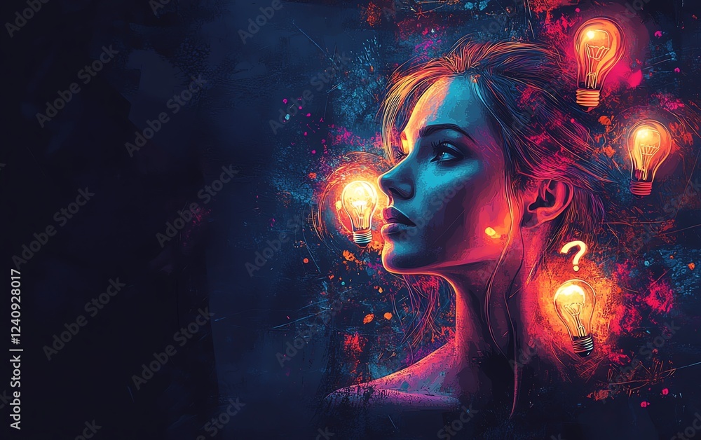 Poster a vibrant abstract composition of a female figure with glowing light bulbs and question marks, repre