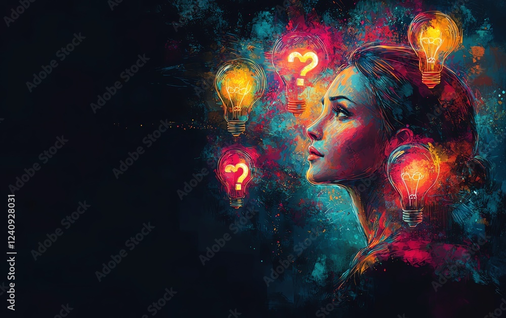 Poster a vibrant abstract composition of a female figure with glowing light bulbs and question marks, repre