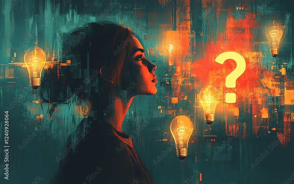 Poster a vibrant abstract composition of a female figure with glowing light bulbs and question marks, repre