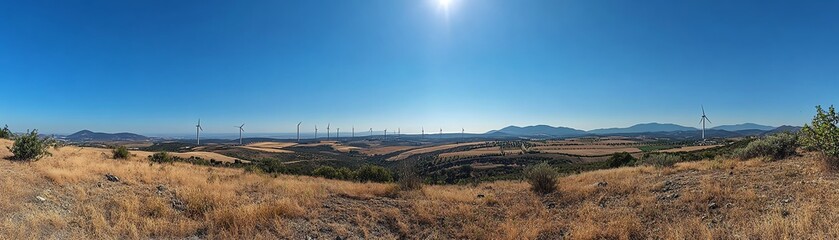 A wideangle view of a green energy farm with stateoftheart wind turbines spinning in a bright, clear sky, emphasizing ecofriendly renewable energy solutions