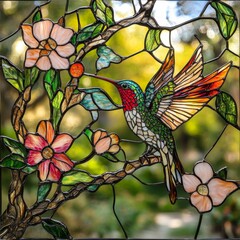 Stained Glass Hummingbird in Floral Display Brightly Colored Bird Surrounded by Blooms and Branch
