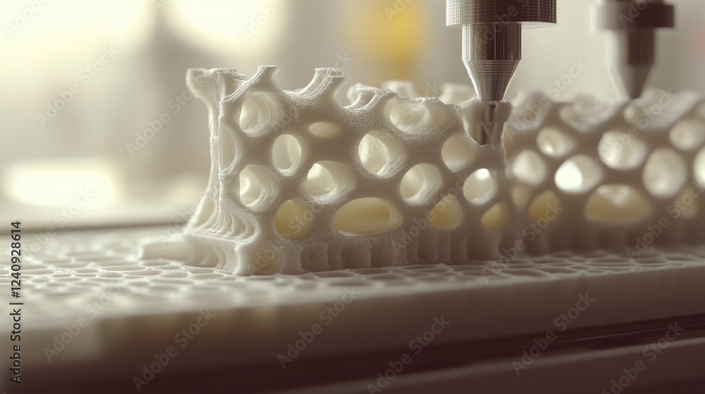 Poster advanced d printer fabricating a detailed architectural model with precise layering.