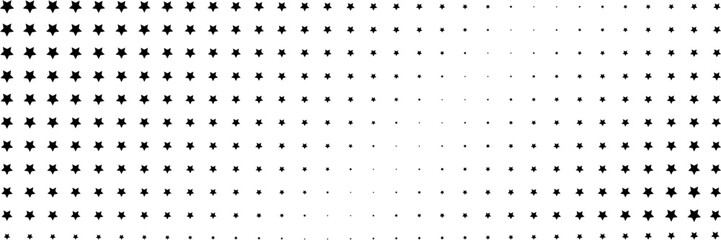 horizontal black halftone of glowing star design for pattern and background.