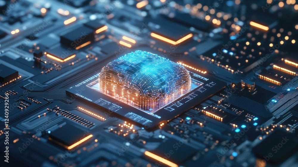 Poster advanced ai neural processor analyzing big data streams with glowing circuits and futuristic visuals