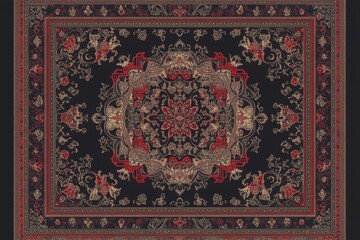 Intricate Oriental Rug Design: A Tapestry of Red, Gold, and Black