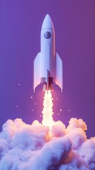 Obraz premium Stylized Rocket Launching Into The Sky With Purple Background And Clouds Of Smoke And Fire