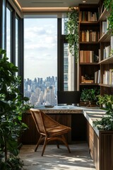 Obraz premium Wicker Chair by City View and Natural Light in a Serene Interior Workspace with Plants
