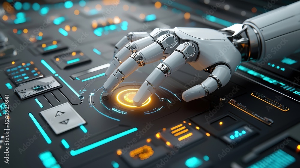 Aufkleber futuristic robot hand interacting with glowing control panel in a high-tech environment