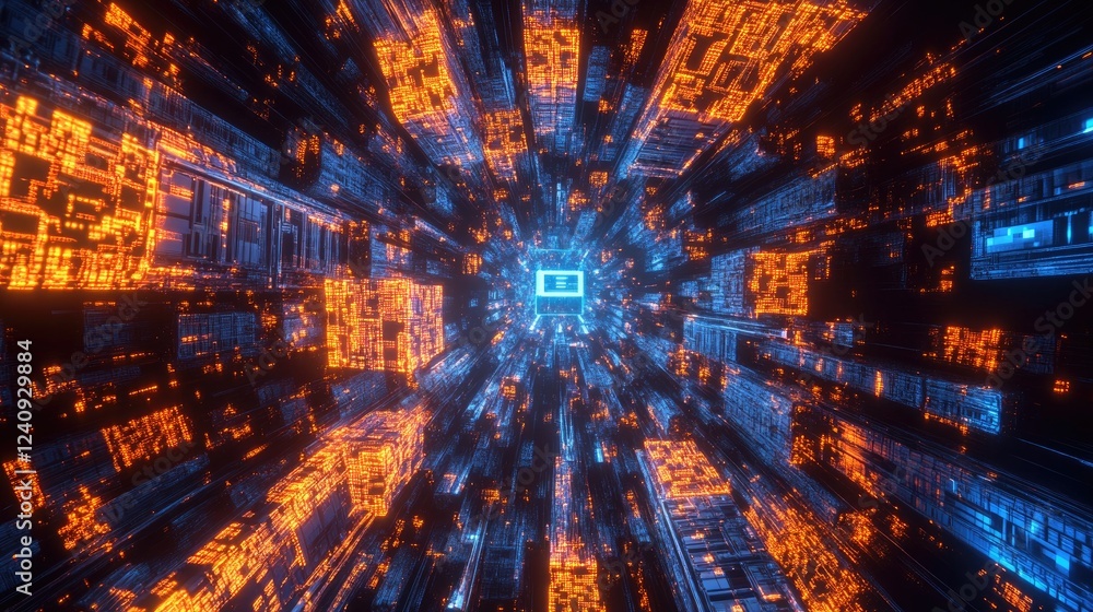 Poster advanced quantum computer with illuminated processing units calculating ai-driven algorithms at high