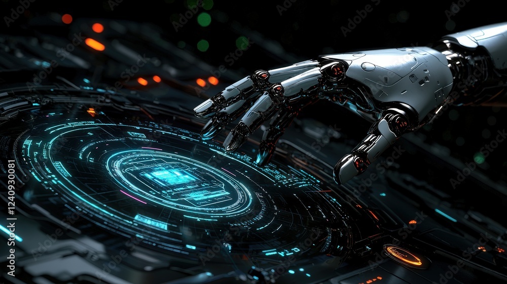 Aufkleber futuristic robot hand interacting with holographic interface in a sci-fi environment