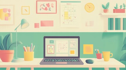 Illustration of a computer open on a table with a graphical representation of apps or programs on the screen. It is a concept of working with the help of technology.