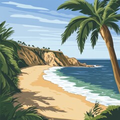 Tropical Beach Scene with Palm Trees and Cliffside Coastline on Sunny Day with Blue Sky
