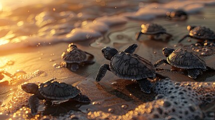 Fototapeta premium A group of baby sea turtles on the beach