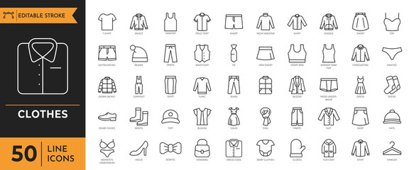 Clothing and Fashion icon set.  Contains Clothing, Fashion, Jacket, T-Shirt, Coat, Shoe, Underwear, Bra, Skirt, Shirt, Dress, High Heels Shoes, Polo Shirt, Hat, Wardrobe, Jeans, Trousers and more.