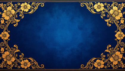 Classic Persian-inspired background, sophisticated and timeless, ornate golden floral motifs, rich sapphire blue, copy space