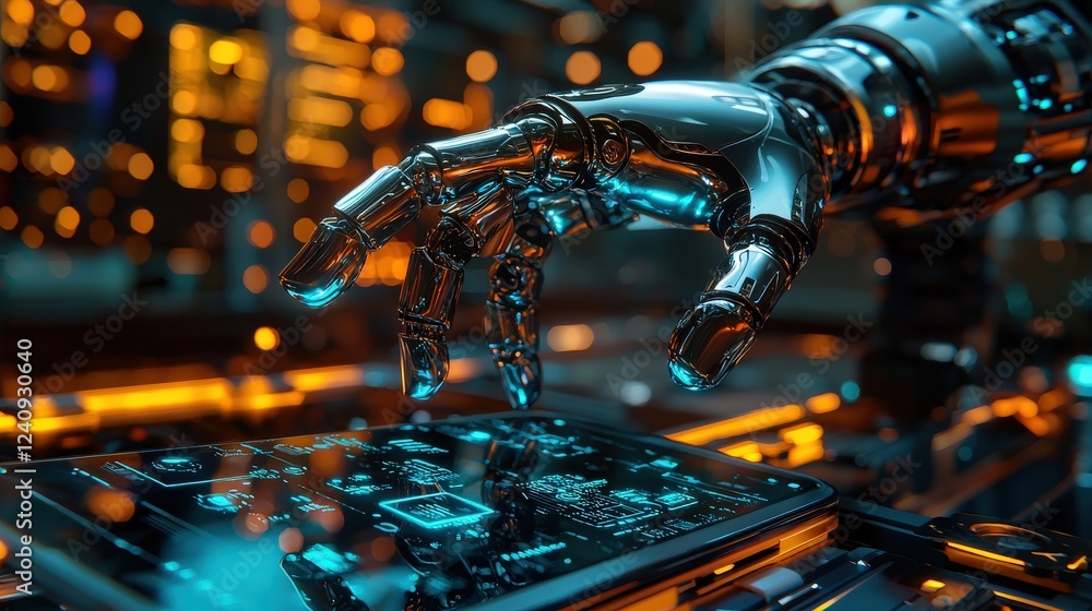 Aufkleber futuristic robot hand interacting with smartphone in a high-tech environment