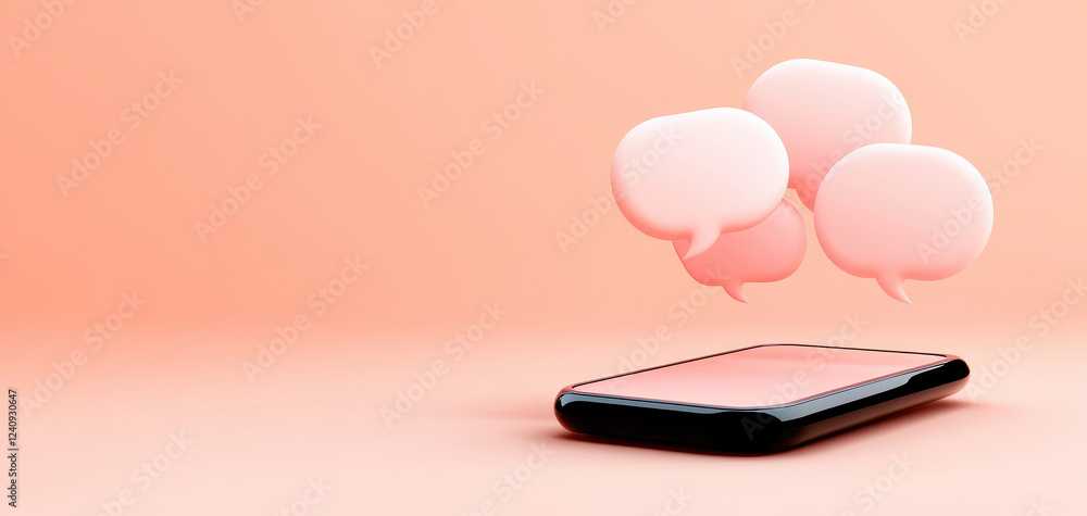 Poster sleek smartphone with floating speech bubbles, symbolizing communication and feedback. soft pink bac