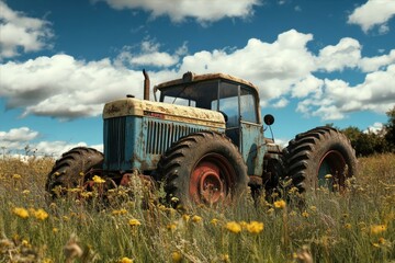 Obraz premium Vintage Tractor In A Field Under Cloudy Sky Agricultural Equipment Rusting On A Sunny Day