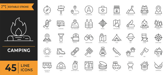 Camping icon set. Containing Tent, campfire, backpack, hiking, adventure, nature, bag, compass, lantern and more. vector illustration