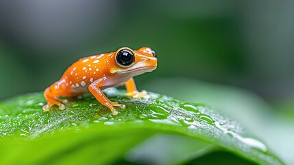 Orange frog on leaf, rainforest background, nature photography, wildlife