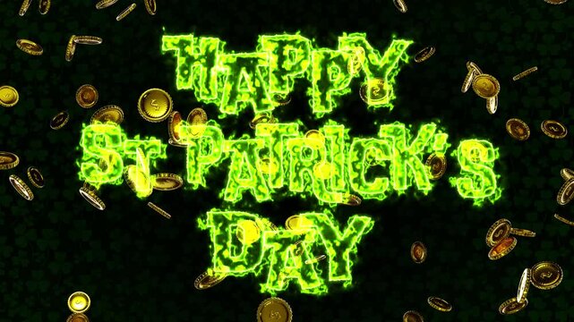 happy stpatricks day green 3d text animation with golden coins faling 