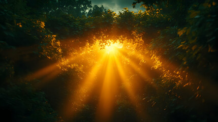Golden Sunlight Rays Through Forest Canopy