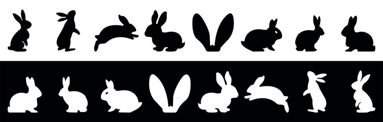 Rabbit Silhouette Collection. Set of Bunny in different Shapes. Vector illustration isolated on black and white background.