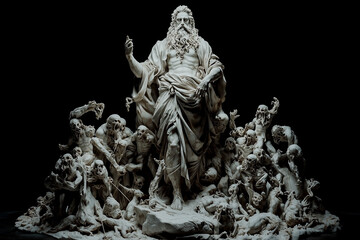 Fototapeta premium Antique marble statue of the god of the kingdom of the dead, Hades, is surrounded by monsters of the underworld. Ancient Greek and Roman mythology.