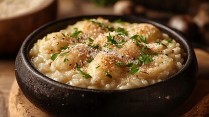 A warm bowl of creamy risotto, garnished with Parmesan cheese and fresh herbs, with a hint of saffron and mushrooms, set on a rustic wooden table for an authentic Italian meal