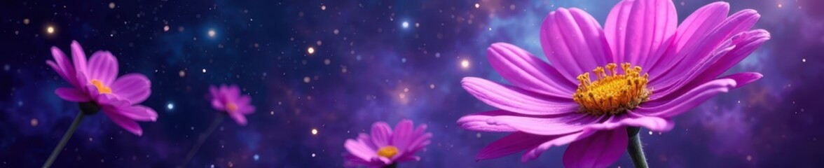 Deep purple cosmos blooms against a swirling galaxy backdrop , dreamlike, fantasy
