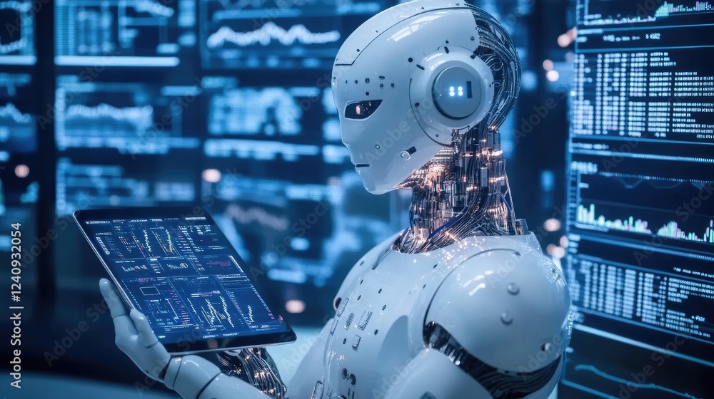 Poster ai-powered financial trading system processing stock market data on glowing digital dashboards.