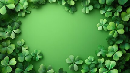 Happy St. Patrick's Day Design with Lush Green Shamrocks and Clovers Framing a Blank Center Space for Custom Messages or Greetings