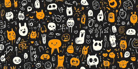 Playful Cartoon Doodle Characters Pattern on Black Canvas with Orange and White