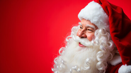 Cheerful, white-bearded Santa Claus smiles warmly against a vibrant red background, capturing the spirit of the holiday season and spreading joy