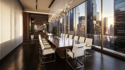 An elegant corporate meeting room with panoramic city views and white leather chairs.