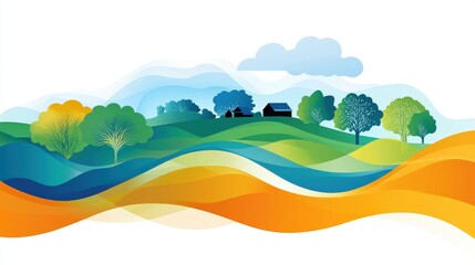 Colorful Abstract Landscape Design Featuring Rainclouds Against a White Background with Vibrant Shades of Green and Blue