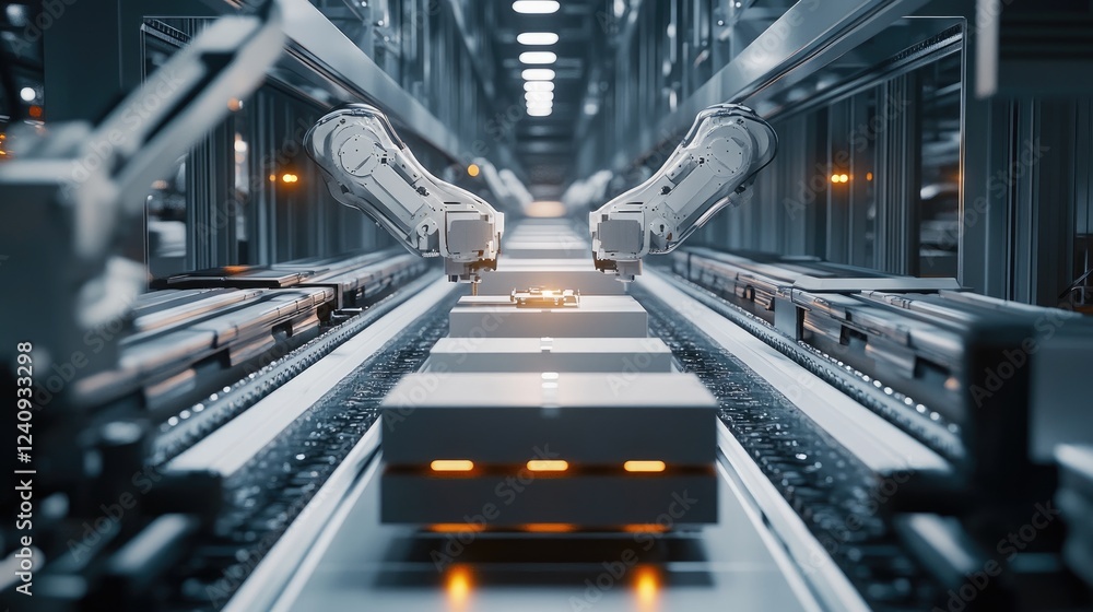 Poster automated ai-driven warehouse sorting system, robotic arms handling packages with precision.