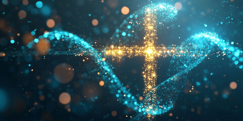  Christian background. Cross of molecules and DNA on cosmic background