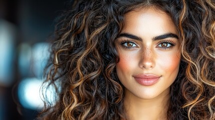 Woman curly hair portrait, studio background, beauty
