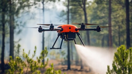 Autonomous firefighting drone releasing a targeted water spray on a forest fire.
