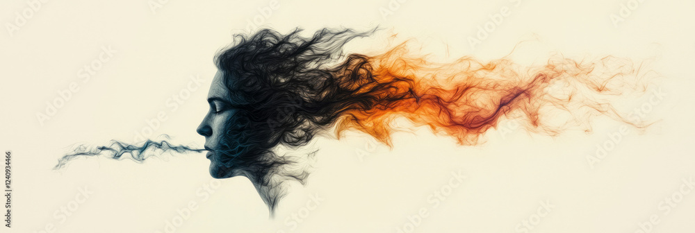 Poster a minimalistic illustration of a personâ€™s profile with soft swirling lines emanating from the head