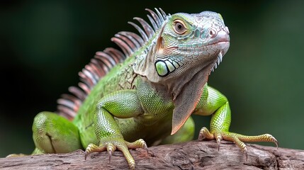 Fototapeta premium Green iguana perched on wood, rainforest background, wildlife photography, nature stock