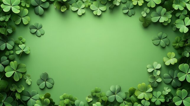 Festive Green Background with Shamrocks for St. Patrick's Day Celebration or Design Project Featuring Lush Foliage Elements and Vibrant Greenery
