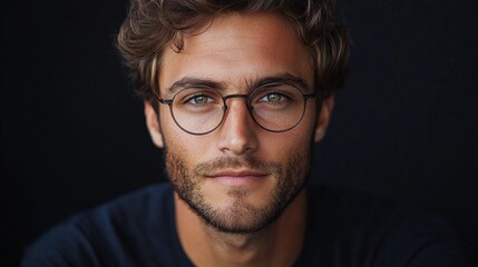 A young man with stylish glasses and tousled hair captivates with his intense gaze. His confident expression suggests depth and contemplation, set against a dark backdrop